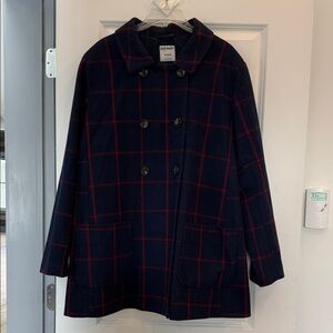 Old Navy Women's Checkered Pea Coat in Navy and Red